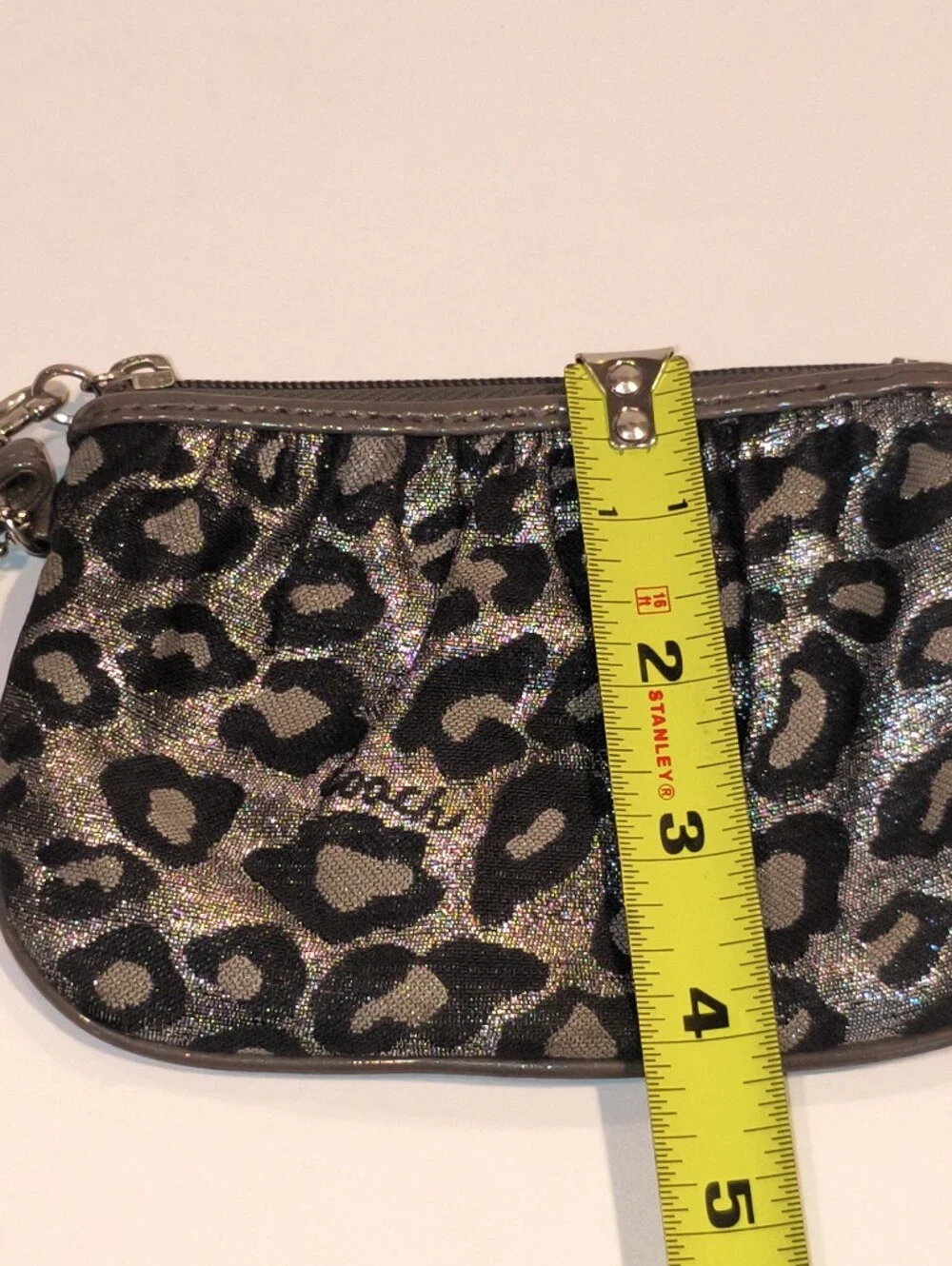 Coach Metallic Ocelot Leopard Print Mini Wristlet Pouch Silver Grey